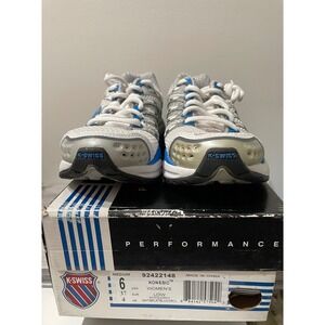 K-Swiss Konesic Womens Running Shoes 6 White Blue Charcoal Low Top NIB NOS
